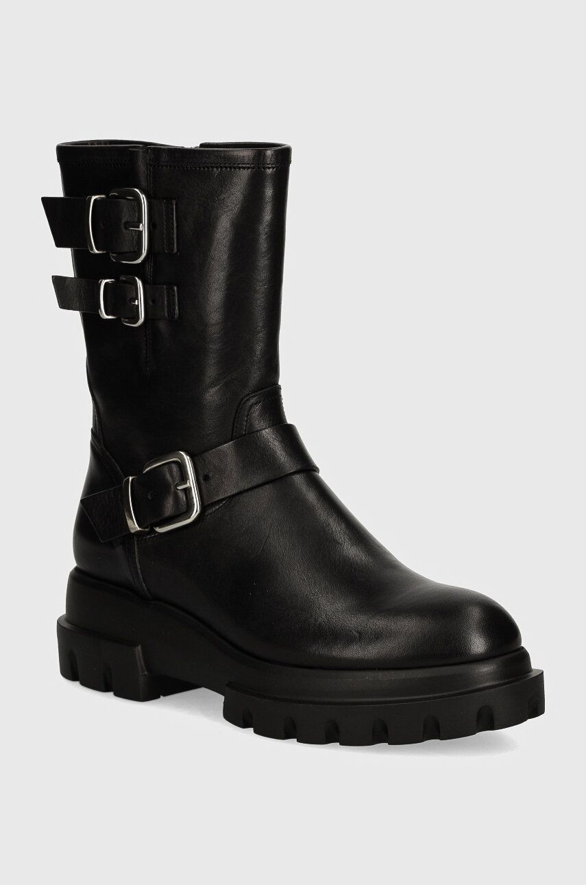 Kožené členkové topánky AGL Chunky Biker dámske, čierna farba, na plochom podpätku, D756589PGKA2131013