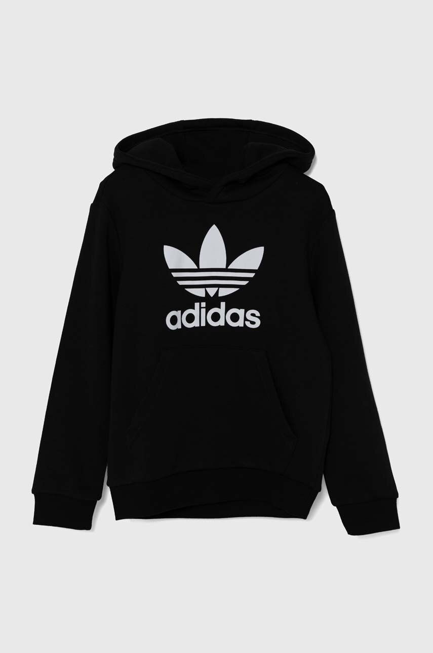 Detská mikina adidas Originals TREFOIL HOODIE čierna farba, s kapucňou, s potlačou, IY7446