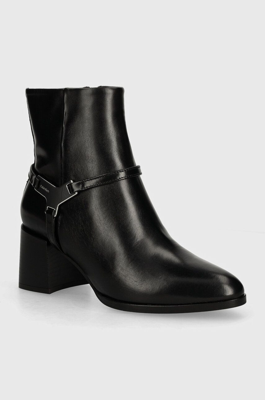 Kožené členkové topánky Calvin Klein ANKLE BOOT 55 W/HW LTH dámske, čierna farba, na podpätku, HW0HW02095