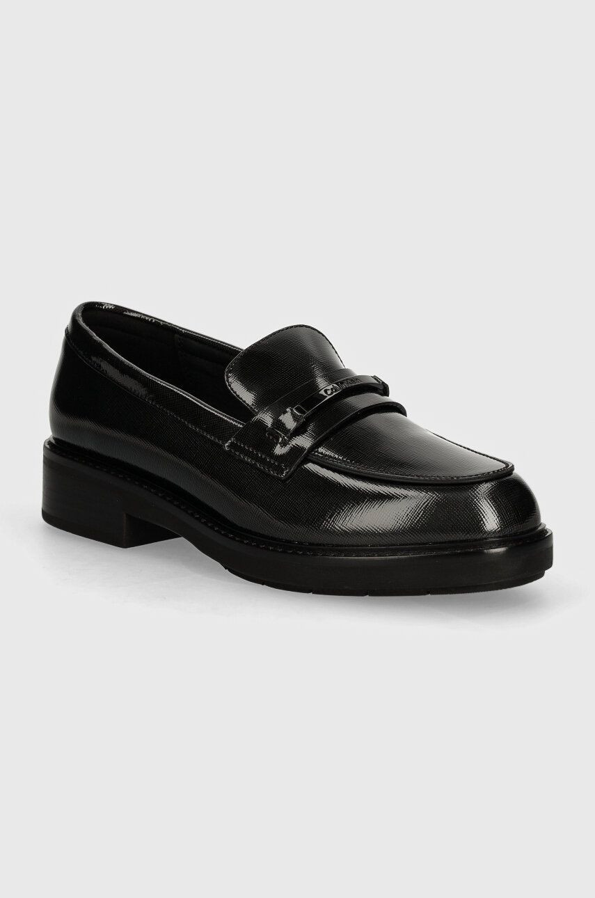 Kožené mokasíny Calvin Klein LOAFER W/M BAR SAFF LTH dámske, čierna farba, na platforme, HW0HW02076