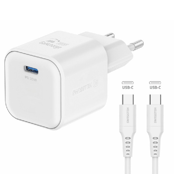 SWISTEN sieťový adaptér 1x USB-C 20 W PD, biely + dátový kábel USB-C/USB-C 1,2 m, biely