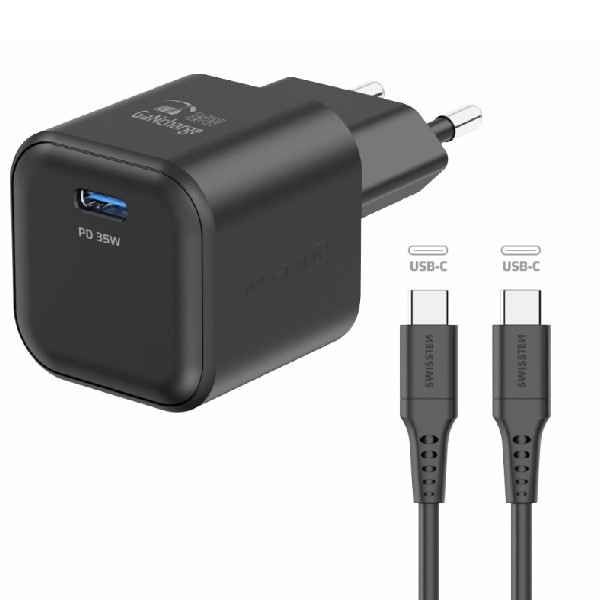 SWISSTEN GaN network adapter 1x USB-C 35 W PD, black + Data cable USB-CUSB-C 1,2 m, black