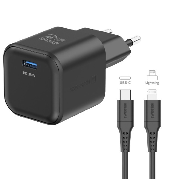 SWISTEN sieťový adaptér 1x USB-C 35 W PD, čierny + dátový kábel USB-Clightning 1,2 m, čierny