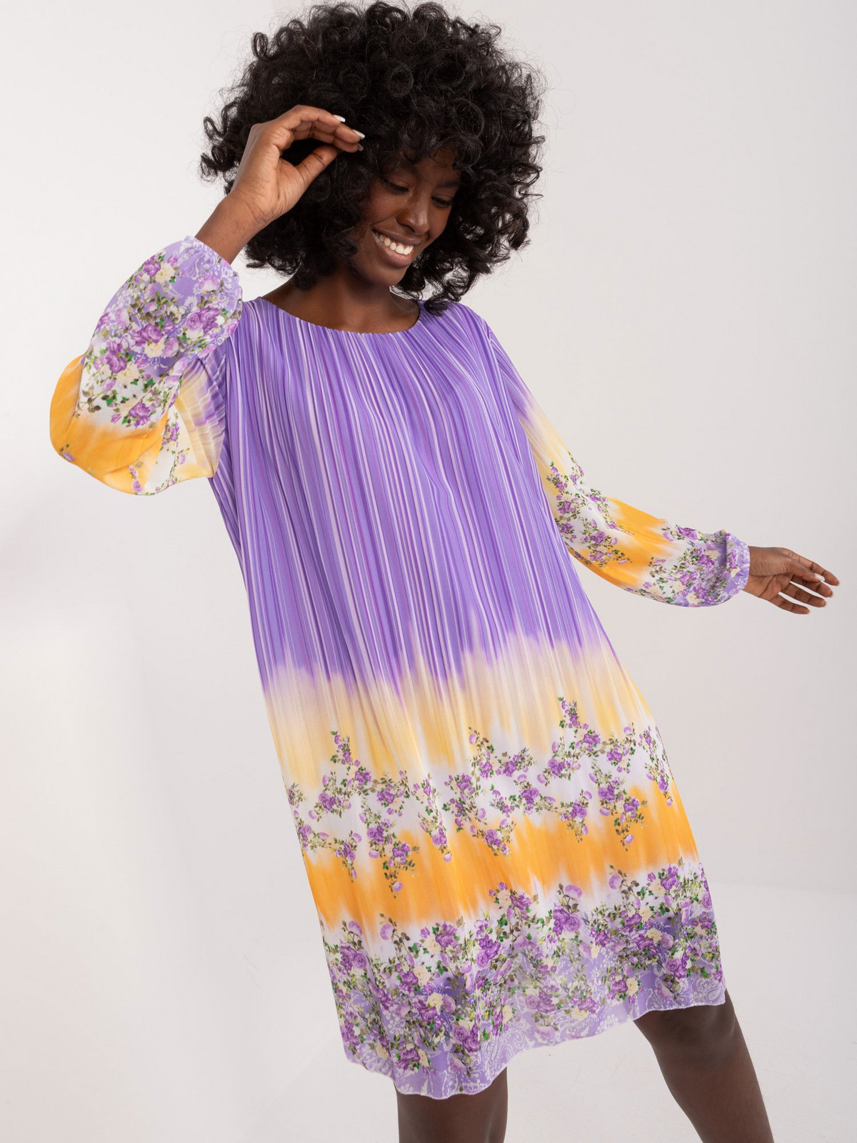 Purple dress with colorful patterns