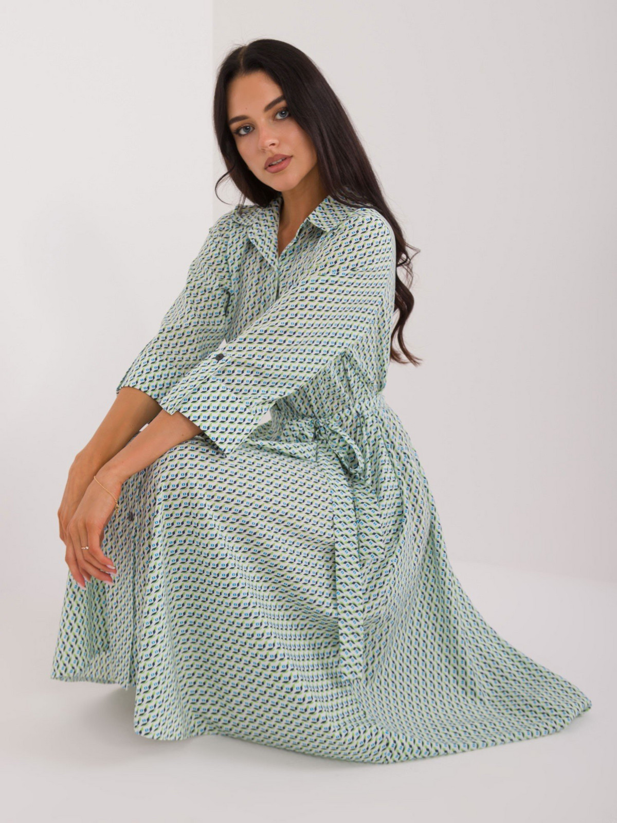White and green shirt midi dress with print