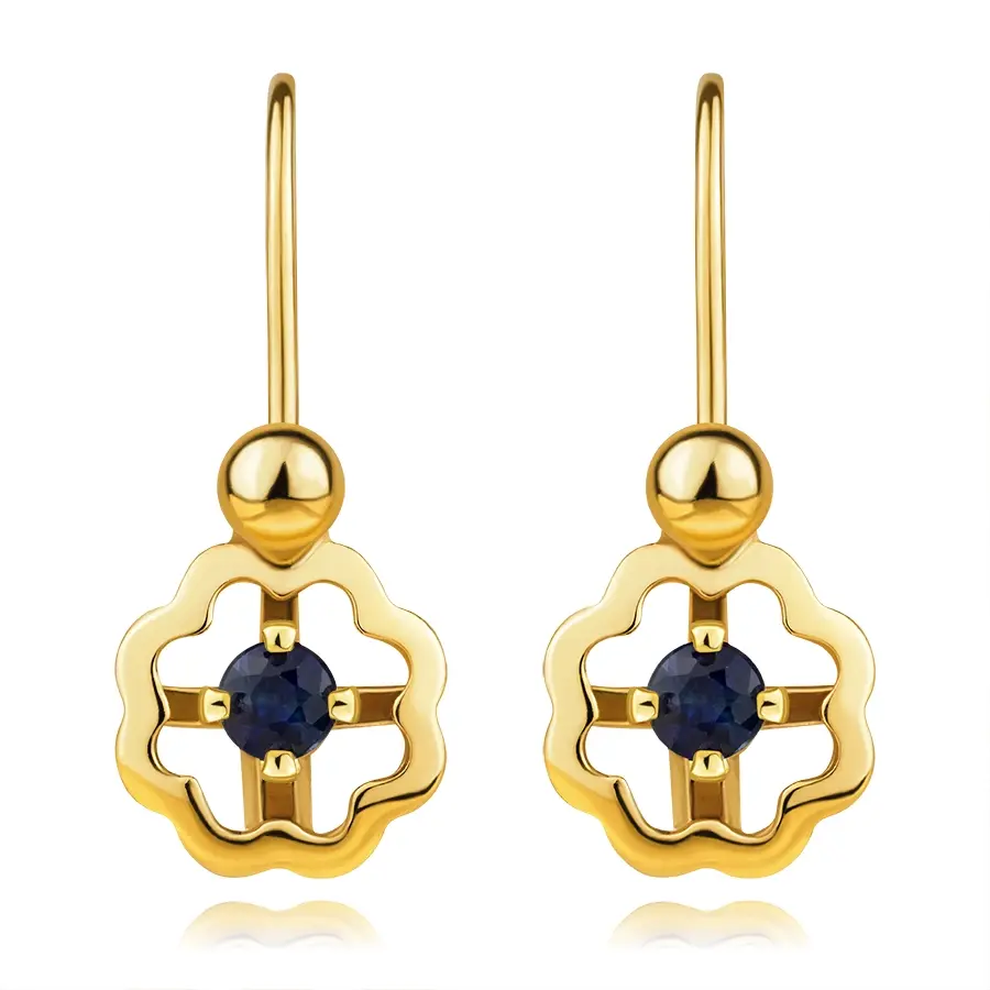 Náušničky z 9K žltého zlata - kvet s prírodným zafírom, detská brizúra