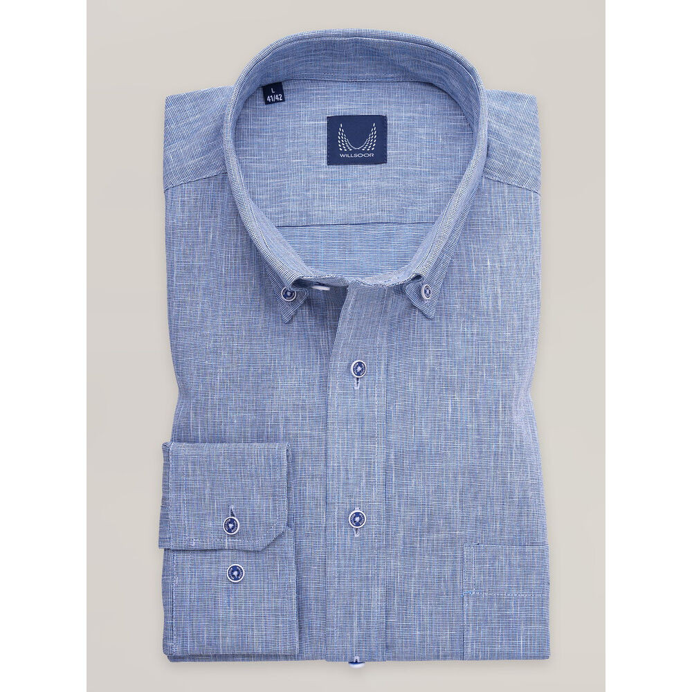 Pánska košeľa slim fit modrá s prímesou ľanu a s prepletanou väzbou 17309