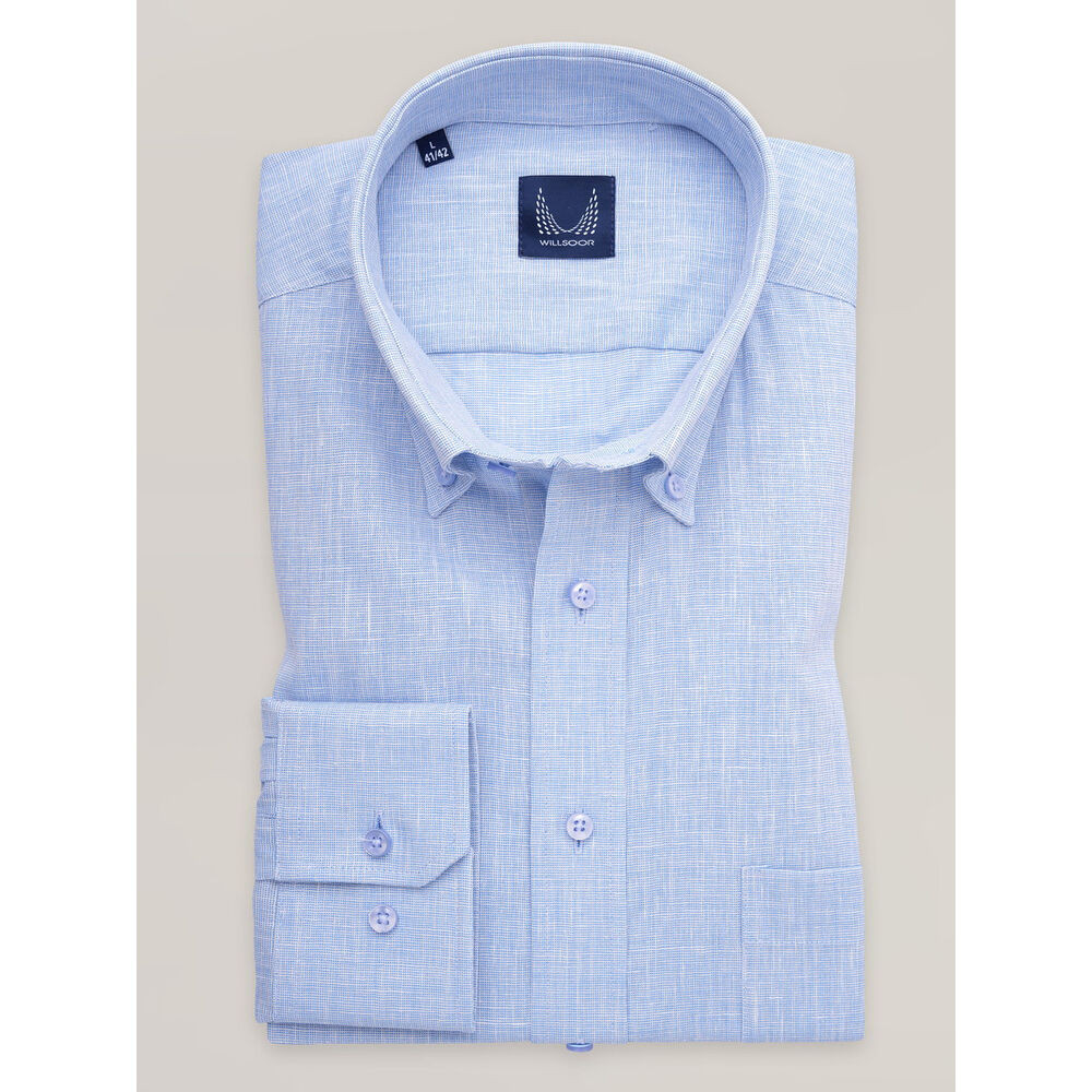 Pánska košeľa slim fit svetlomodrá s prímesou ľanu a s prepletanou väzbou 17311