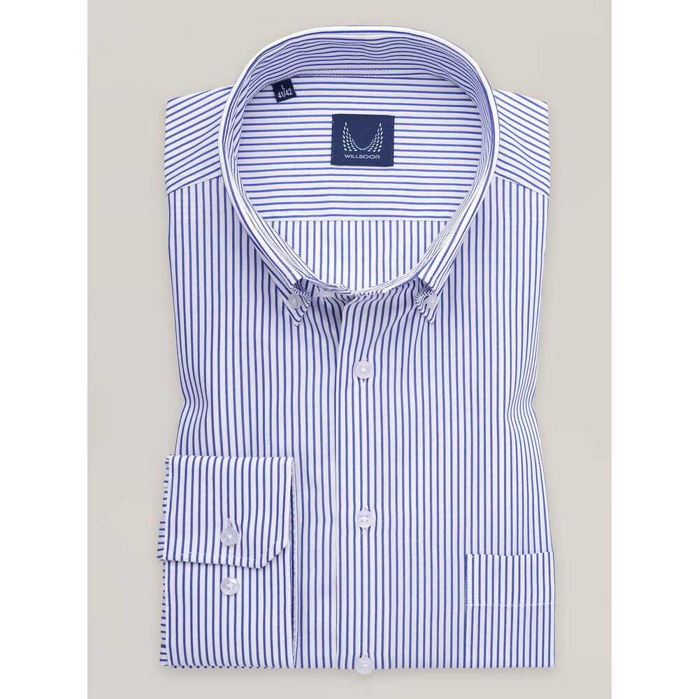Pánska pruhovaná košeľa slim fit v modrej farbe s golierom na gombíky 17313