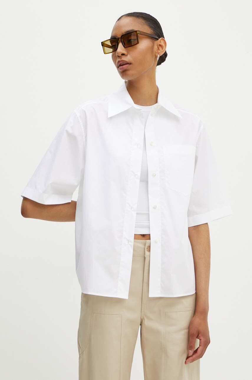 Bavlnená košeľa Moschino Jeans dámska, biela farba, voľný strih, s klasickým golierom, 0204.8231