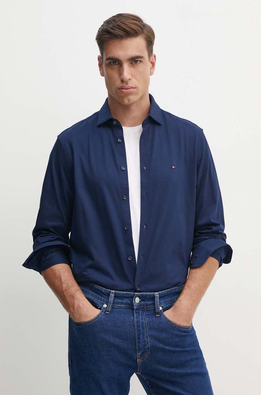 Bavlnená košeľa Tommy Hilfiger pánska, tmavomodrá farba, slim, s talianskym golierom, MW0MW35805