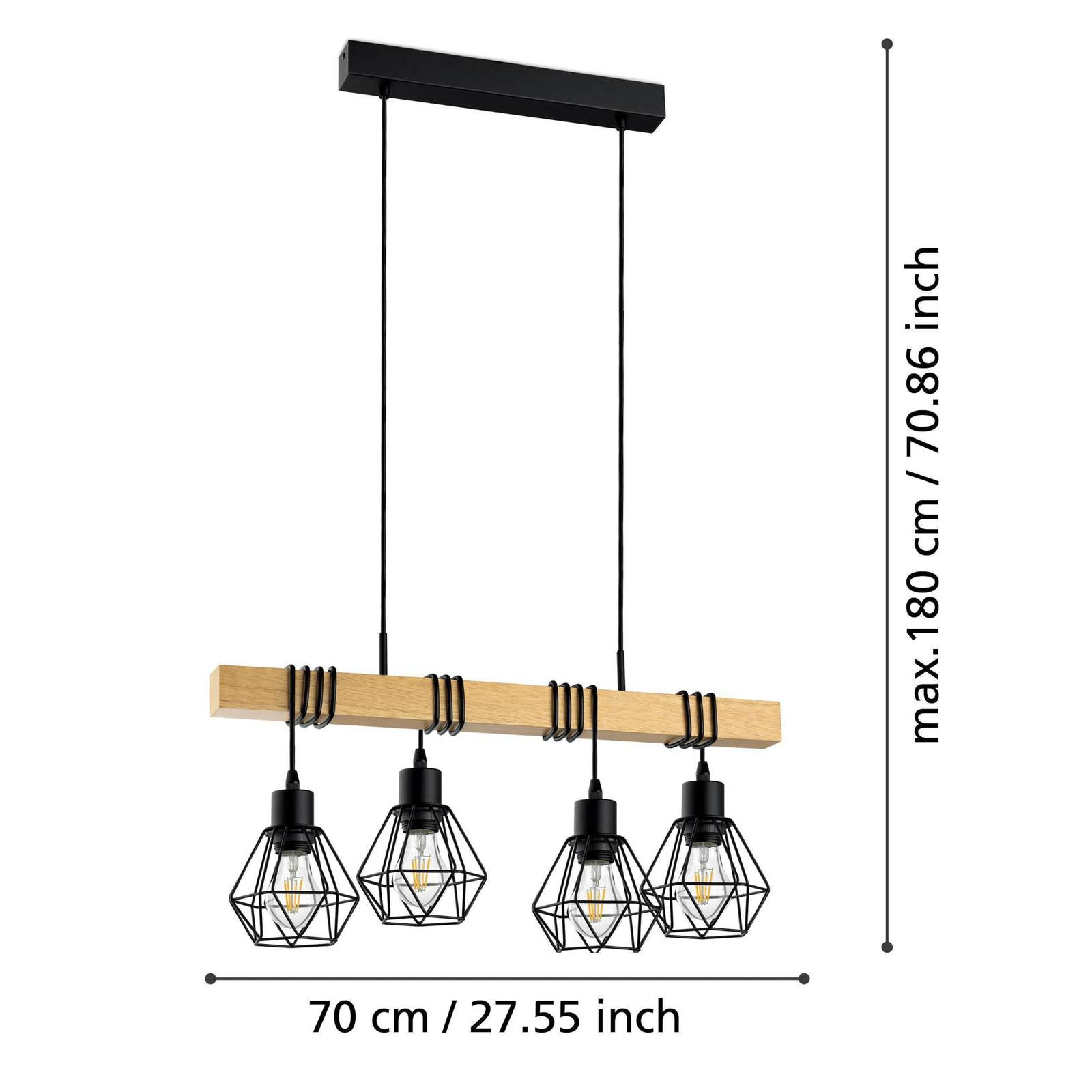 Závesné svietidlo Townshend, dĺžka 70 cm, čierna/dub, 4 svetlá.
