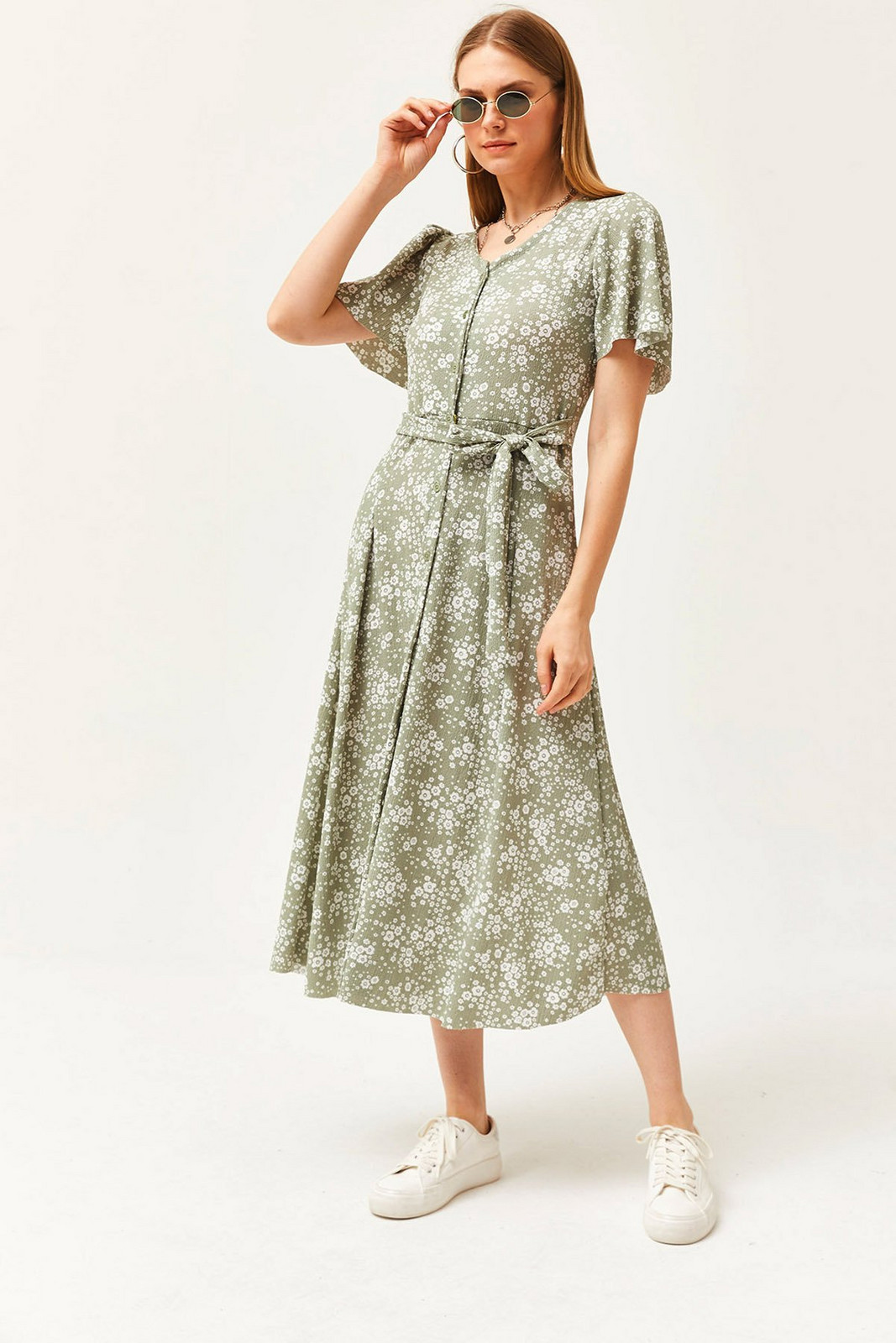 Olalook Women's Daisy Green V-Neck Belted Buttoned Knitted Dress