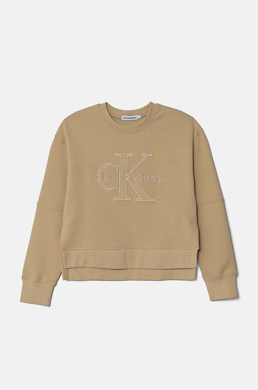 Detská mikina Calvin Klein Jeans béžová farba, s nášivkou, IG0IG02702
