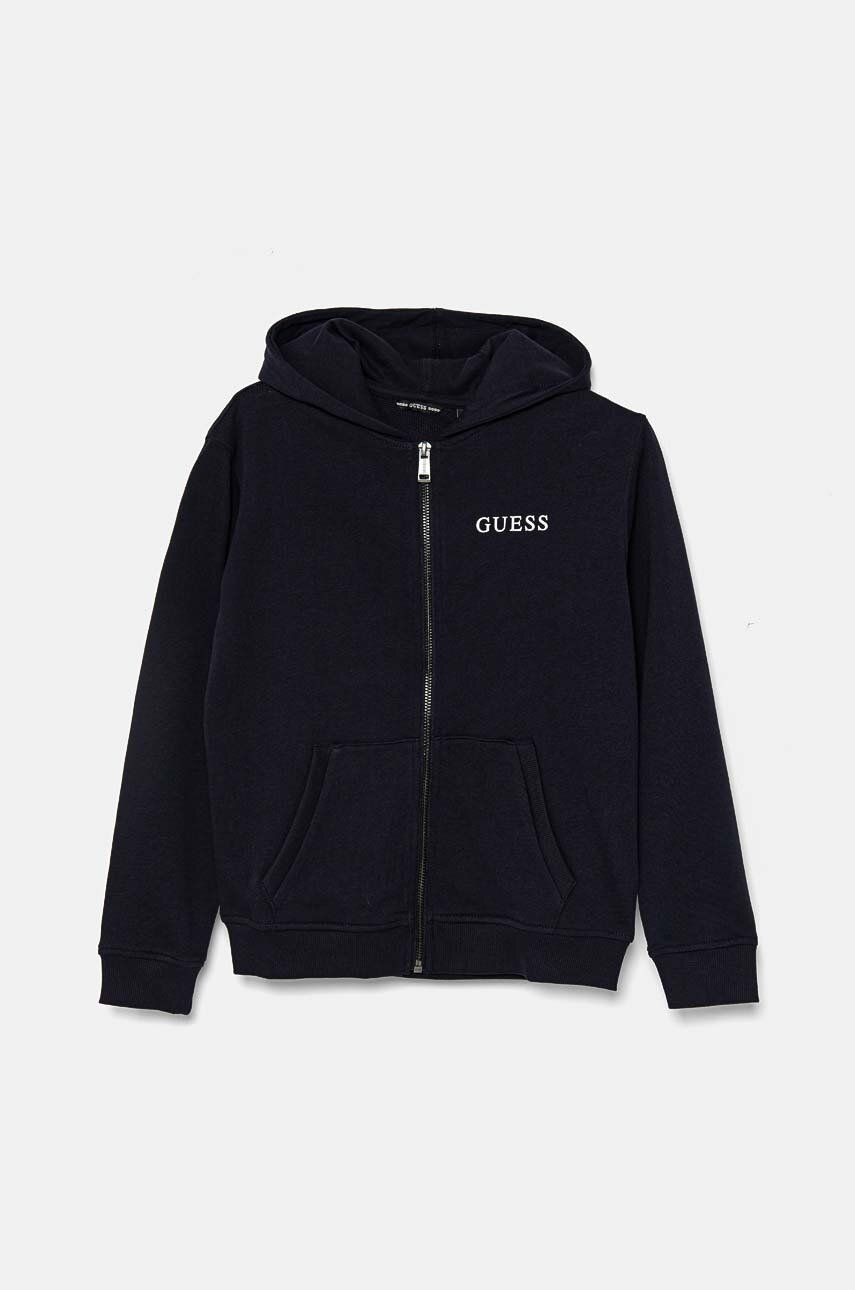 Detská bavlnená mikina Guess tmavomodrá farba, s kapucňou, s potlačou, L4RQ22 KAUG0