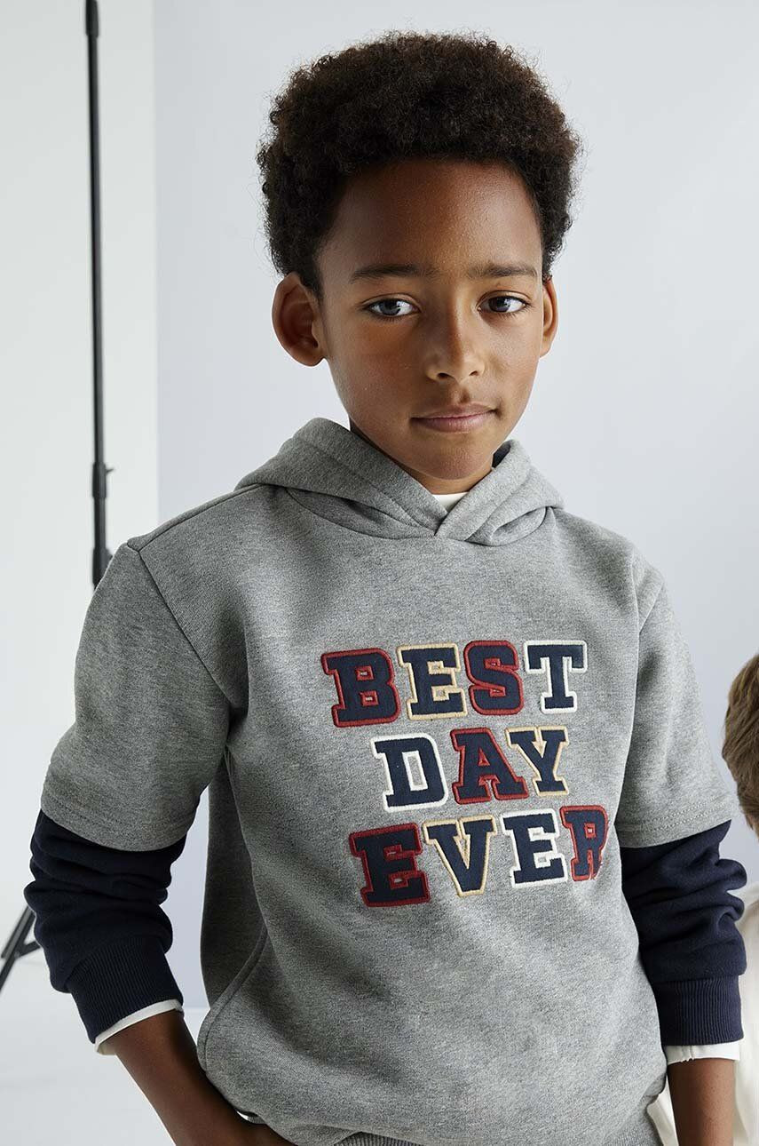 Detská mikina Mayoral šedá farba, s kapucňou, s potlačou, 7444