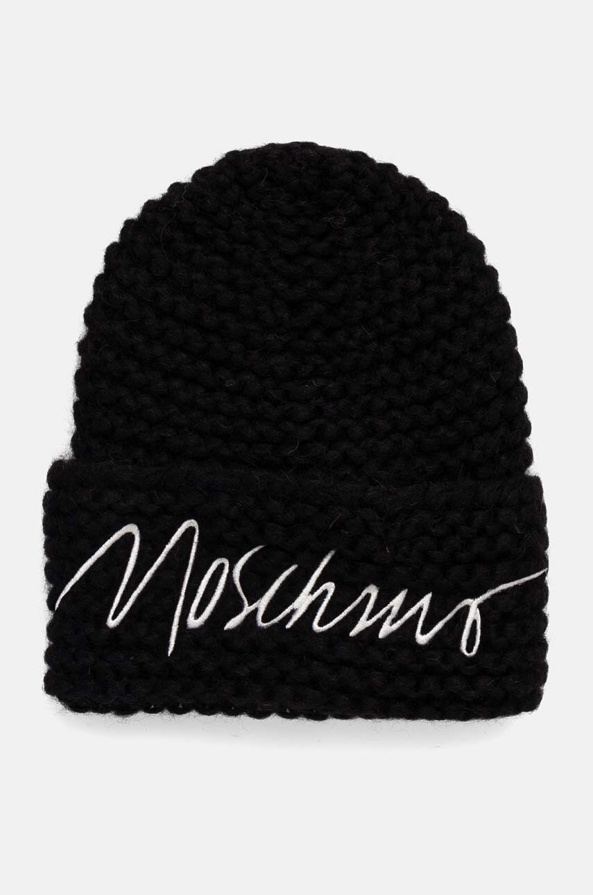Vlnená čiapka Moschino čierna farba, z hrubej pleteniny, vlnená, M3170 65423
