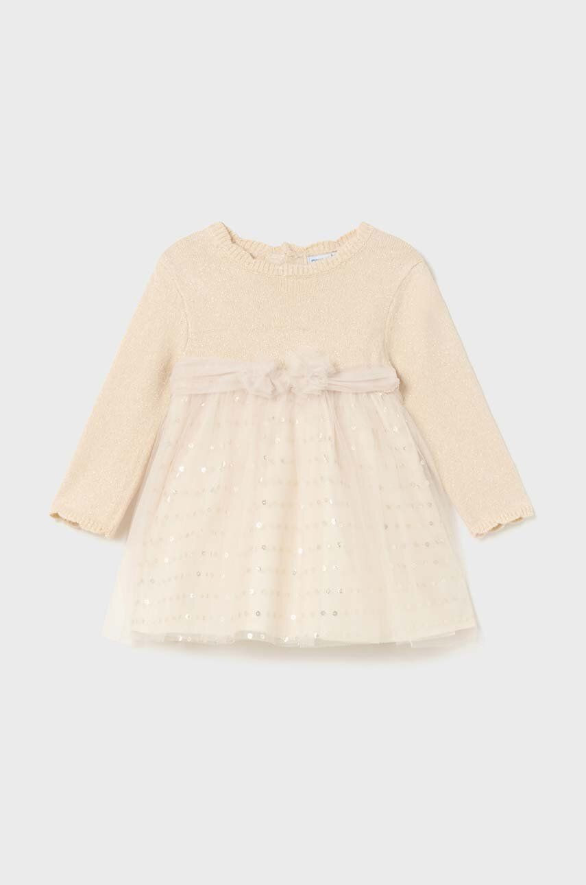 Šaty pre bábätká Mayoral béžová farba, mini, áčkový strih, 2909