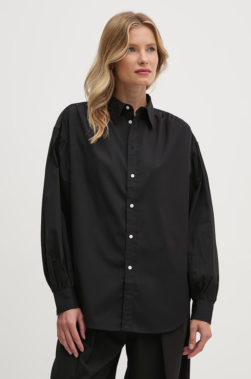 Bavlnená košeľa Polo Ralph Lauren dámska, čierna farba, voľný strih, s klasickým golierom, 211941512