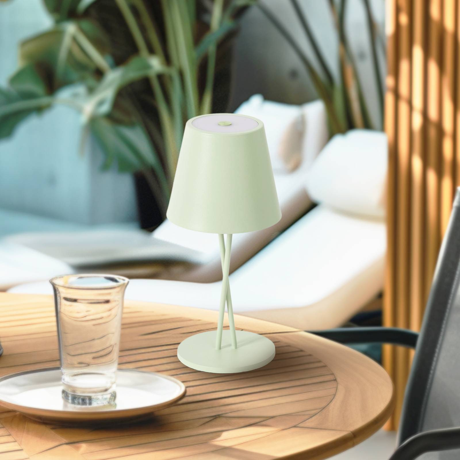 Nabíjacia stolová lampa Lindby LED Janea, šalviovo zelená, prekrížená