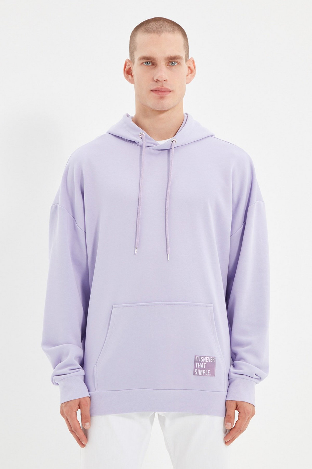 Trendyol Basic Lilac Oversize Hooded Labeled Fleece Cotton Sweatshirt