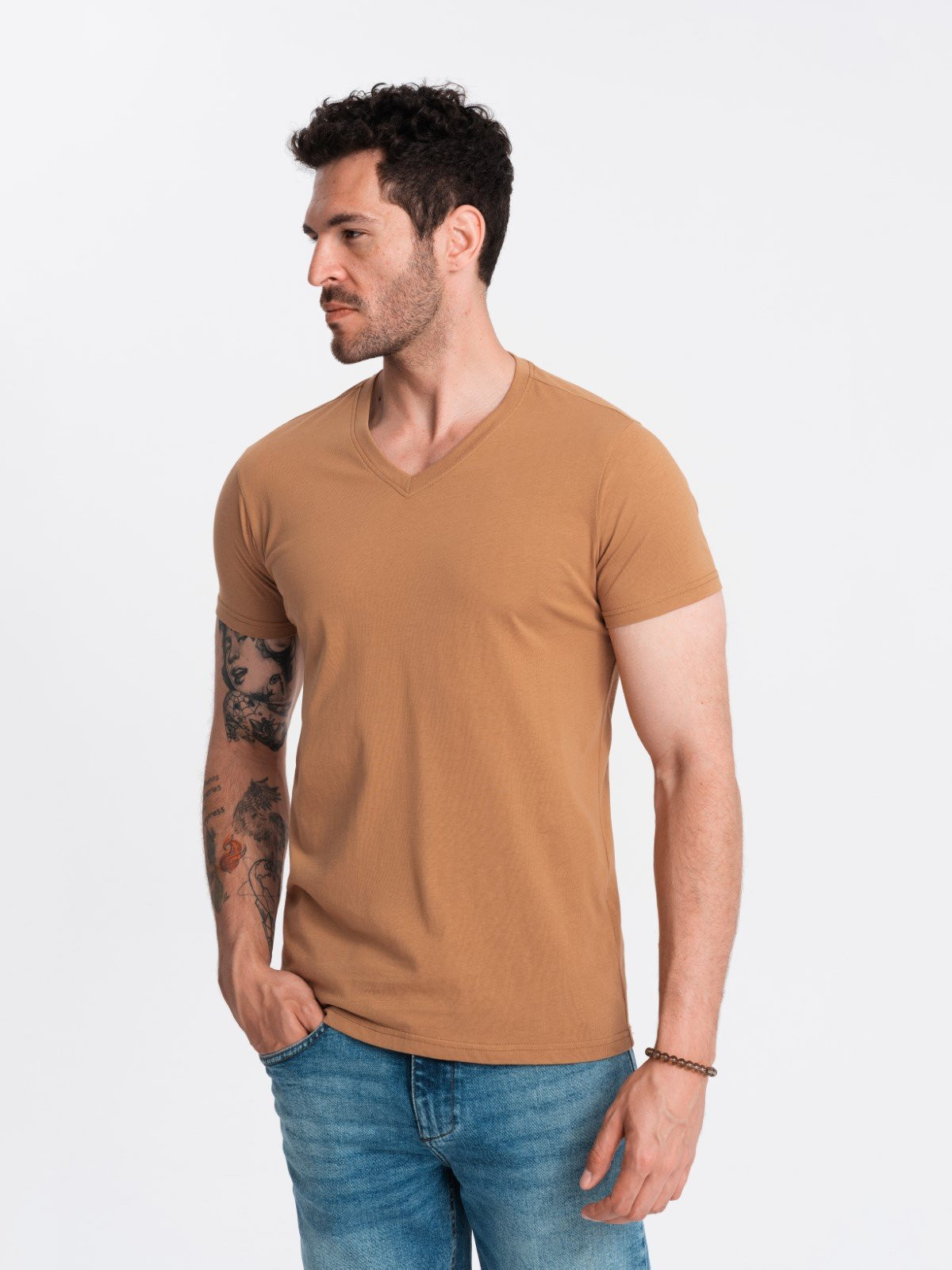 Ombre Men's BASIC classic cotton T-shirt with a v-neck - brown