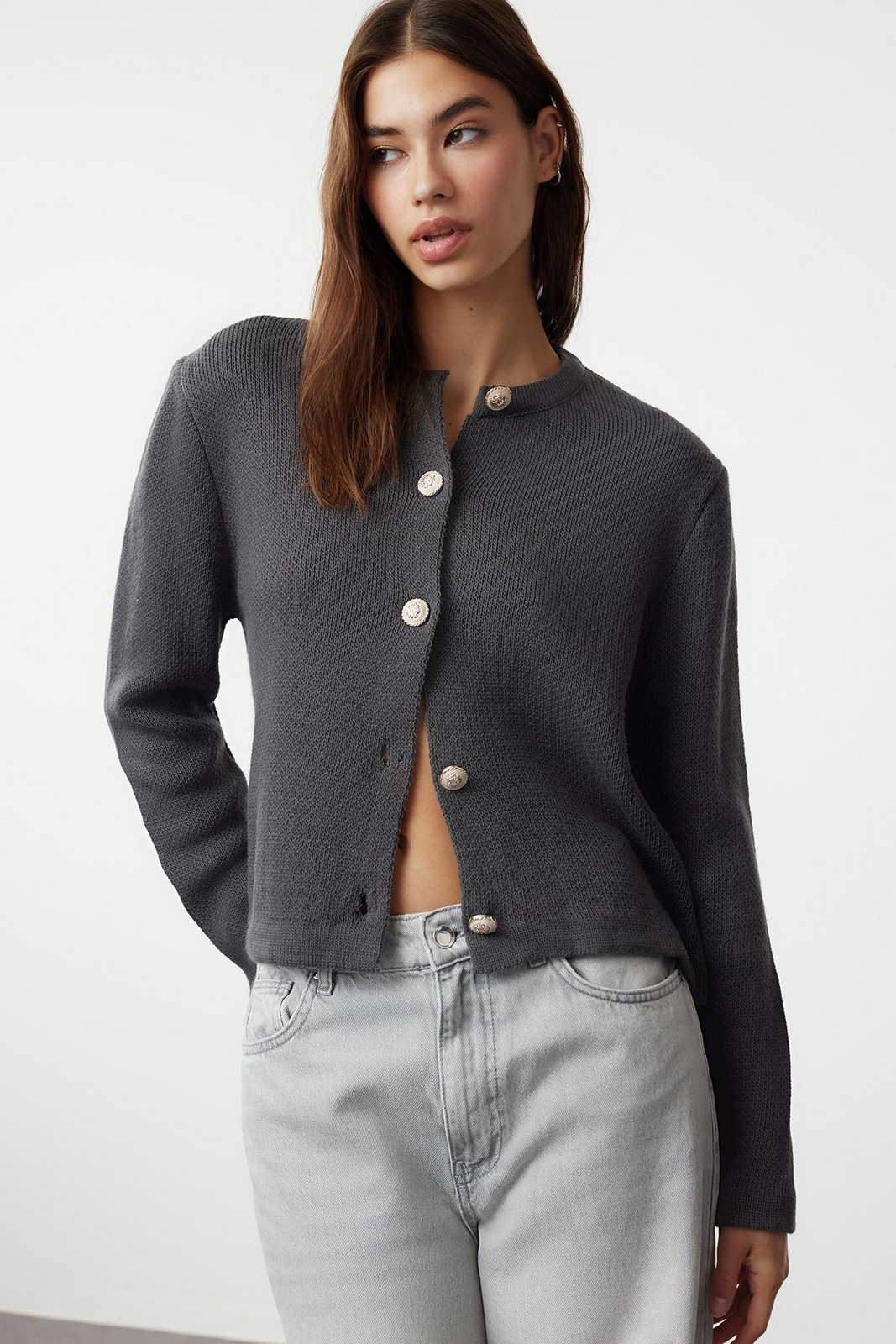 Trendyol Anthracite Basic Knitwear Cardigan