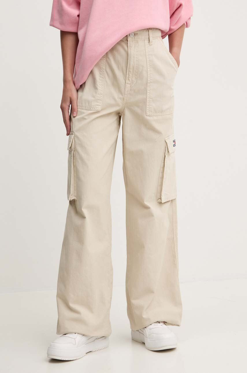 Bavlnené nohavice Tommy Jeans béžová farba, široké, vysoký pás, DW0DW18507