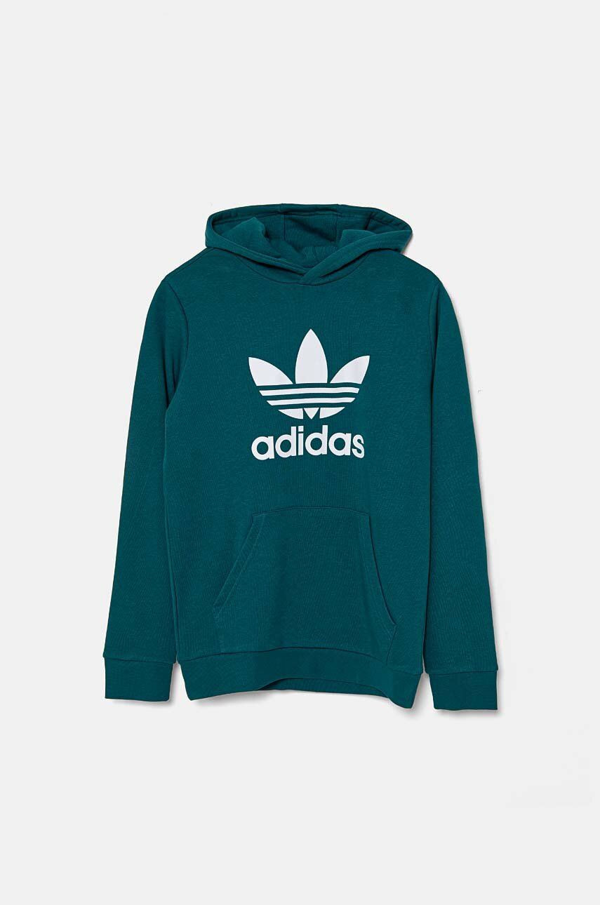 Detská mikina adidas Originals TREFOIL HOODIE zelená farba, s kapucňou, s potlačou, IY7440