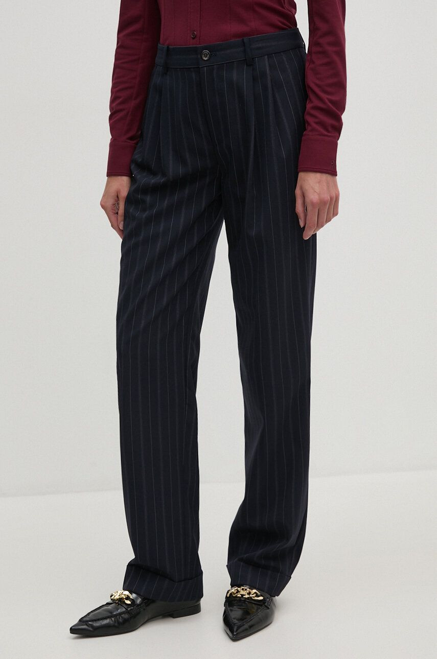 Vlnené nohavice Lauren Ralph Lauren tmavomodrá farba, rovné, vysoký pás, 200940233
