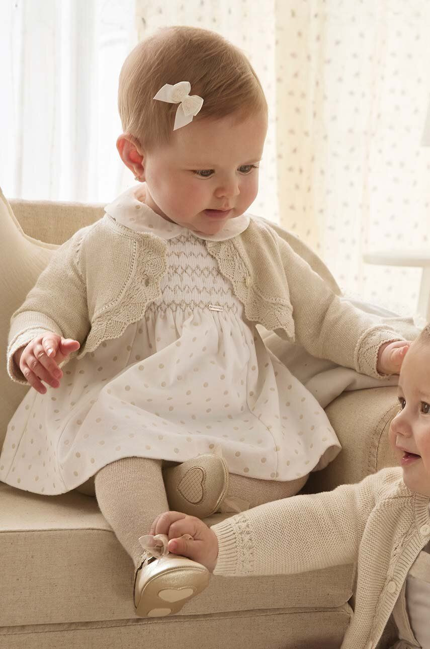 Šaty pre bábätká Mayoral Newborn béžová farba, mini, áčkový strih, 2804