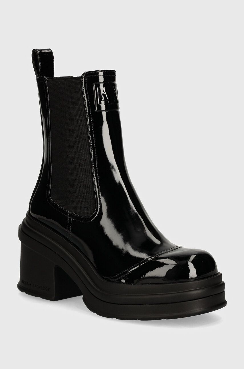Topánky chelsea Armani Exchange dámske, čierna farba, na podpätku, XDN035 XV879 00002