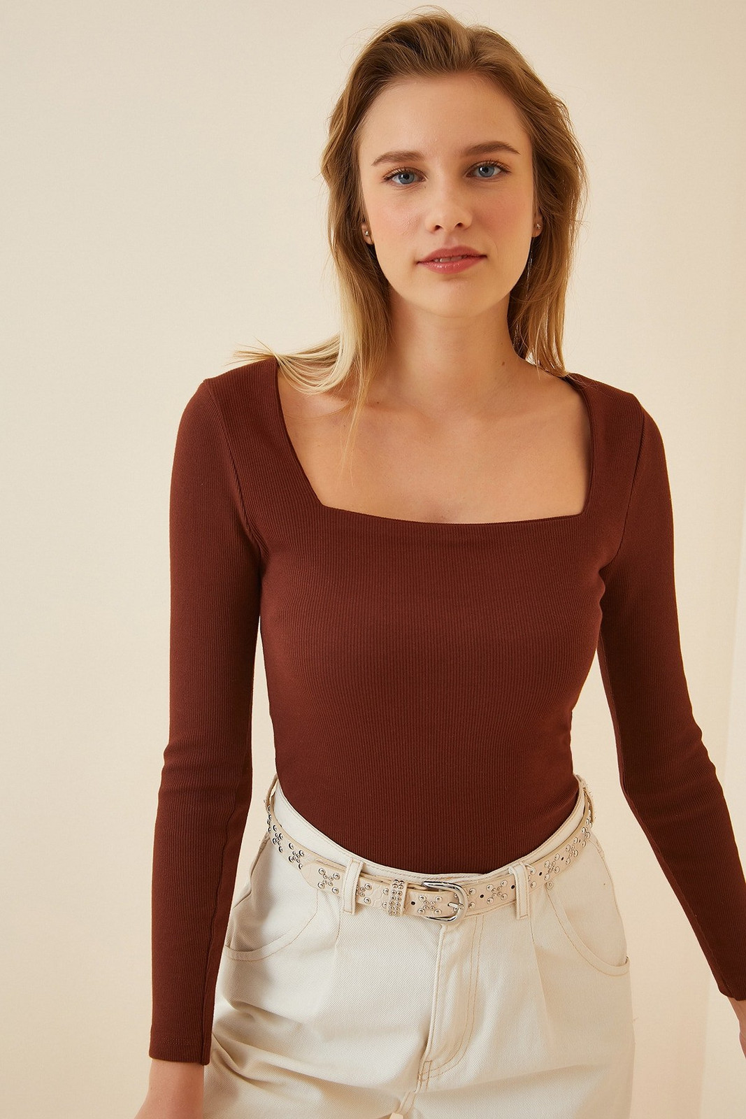 Happiness İstanbul Women's Dark Brown Square Collar Corduroy Knitted Blouse