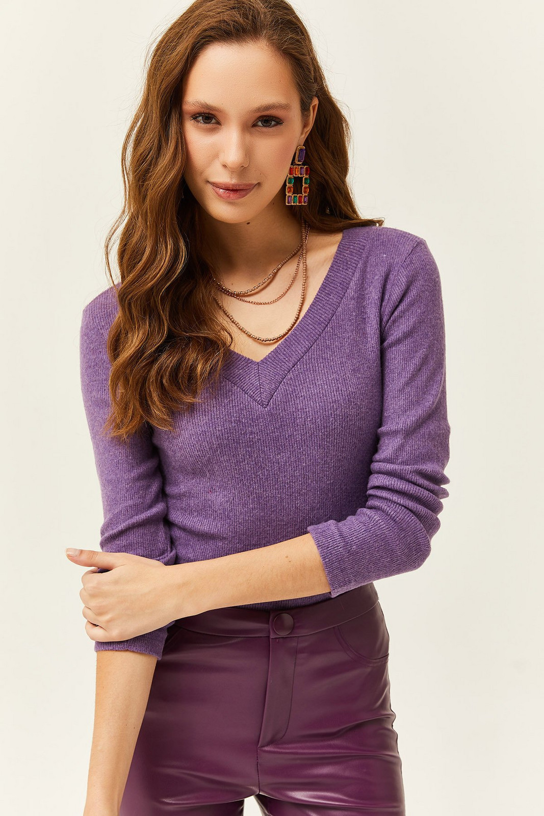 Olalook Women's Purple Thick Band V-Neck Raising Blouse