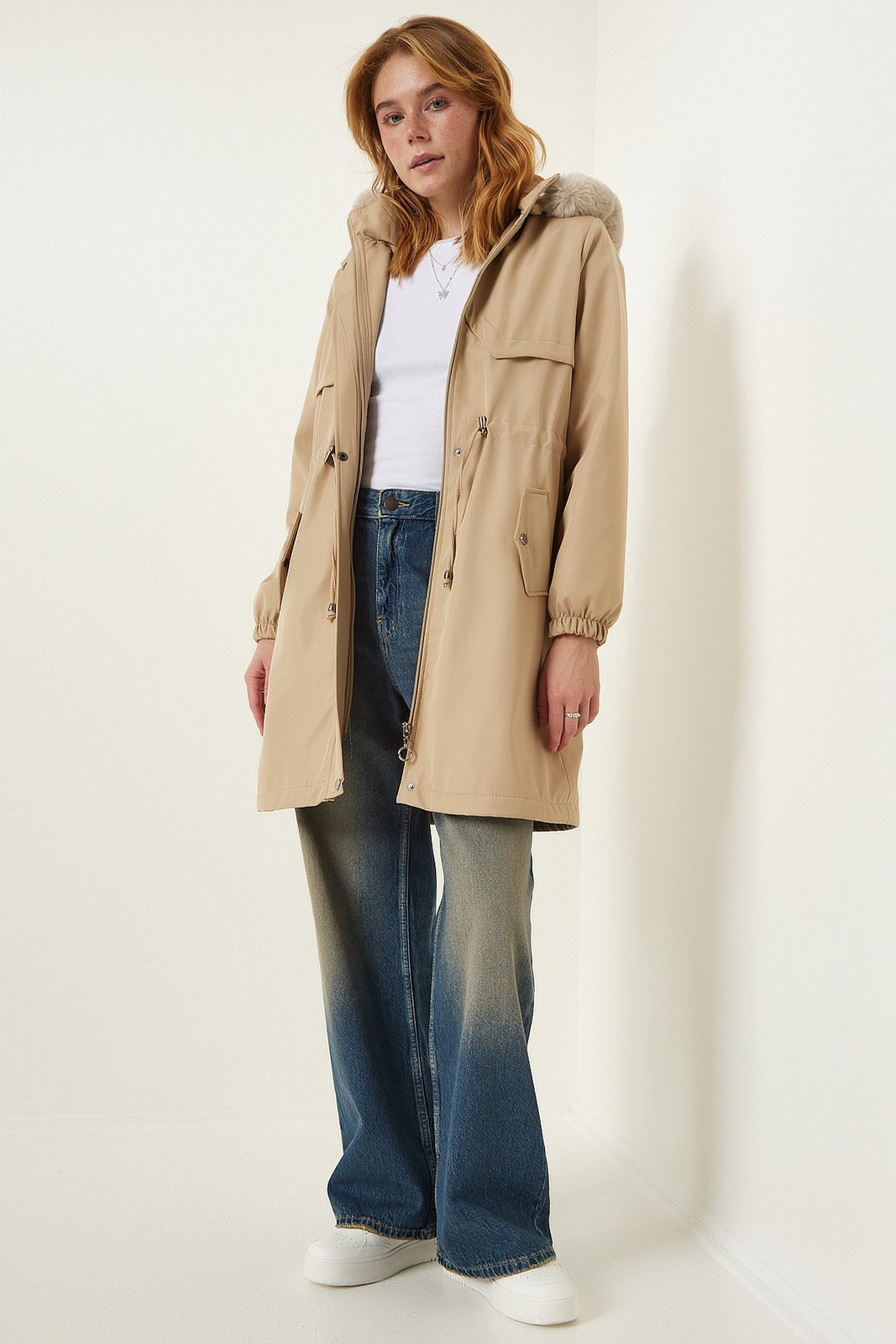 Happiness İstanbul Women's Beige Hooded Für Coat
