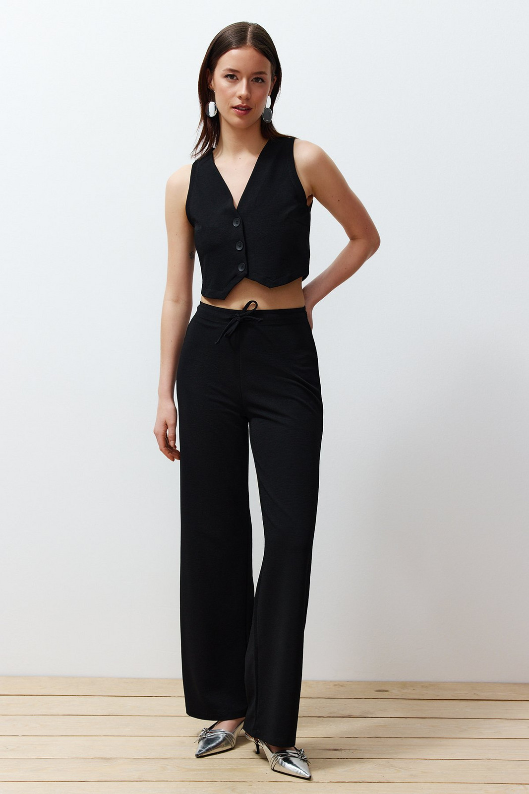 Trendyol Black Buttoned V-neck Wide Leg Knitted Top and Bottom Set