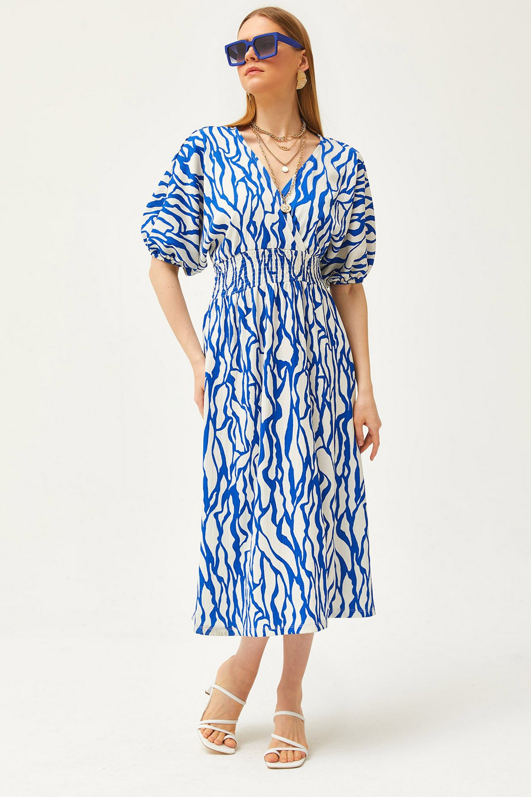Olalook Women's Saks Blue Gipped Waist Double Breasted Collar Midi Dress