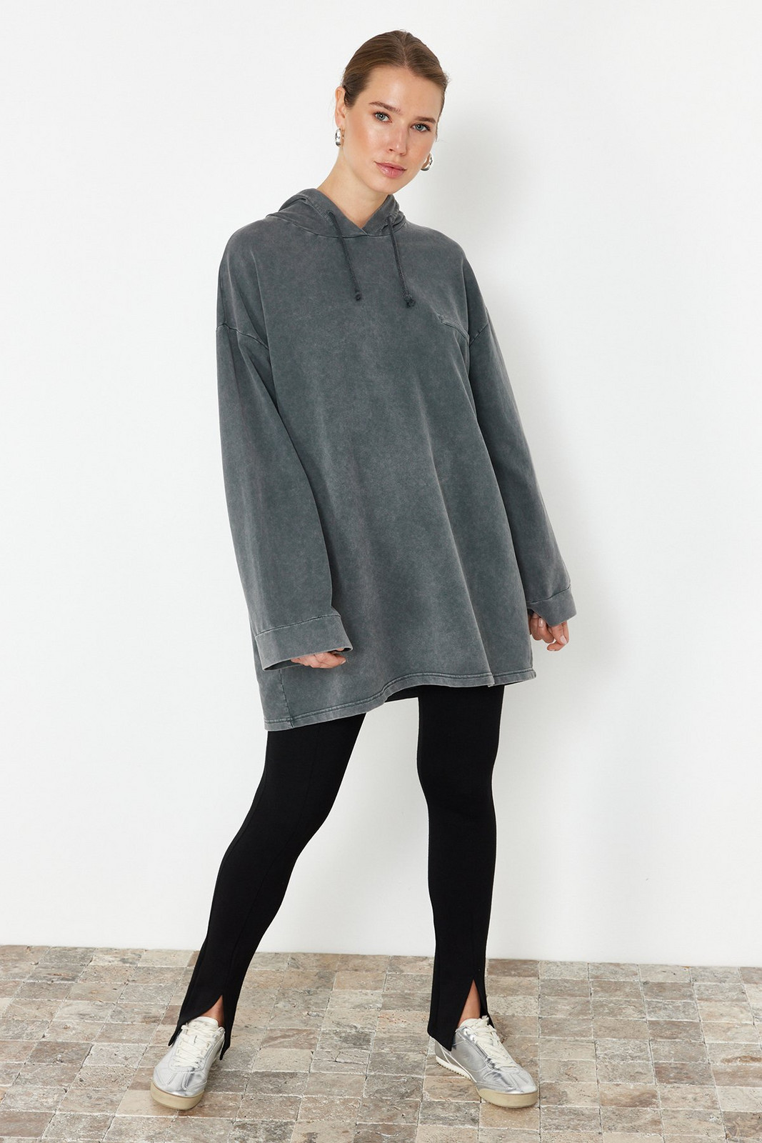 Trendyol Anthracite Acid Washed Hooded Oversize Knitted Sweatshirt