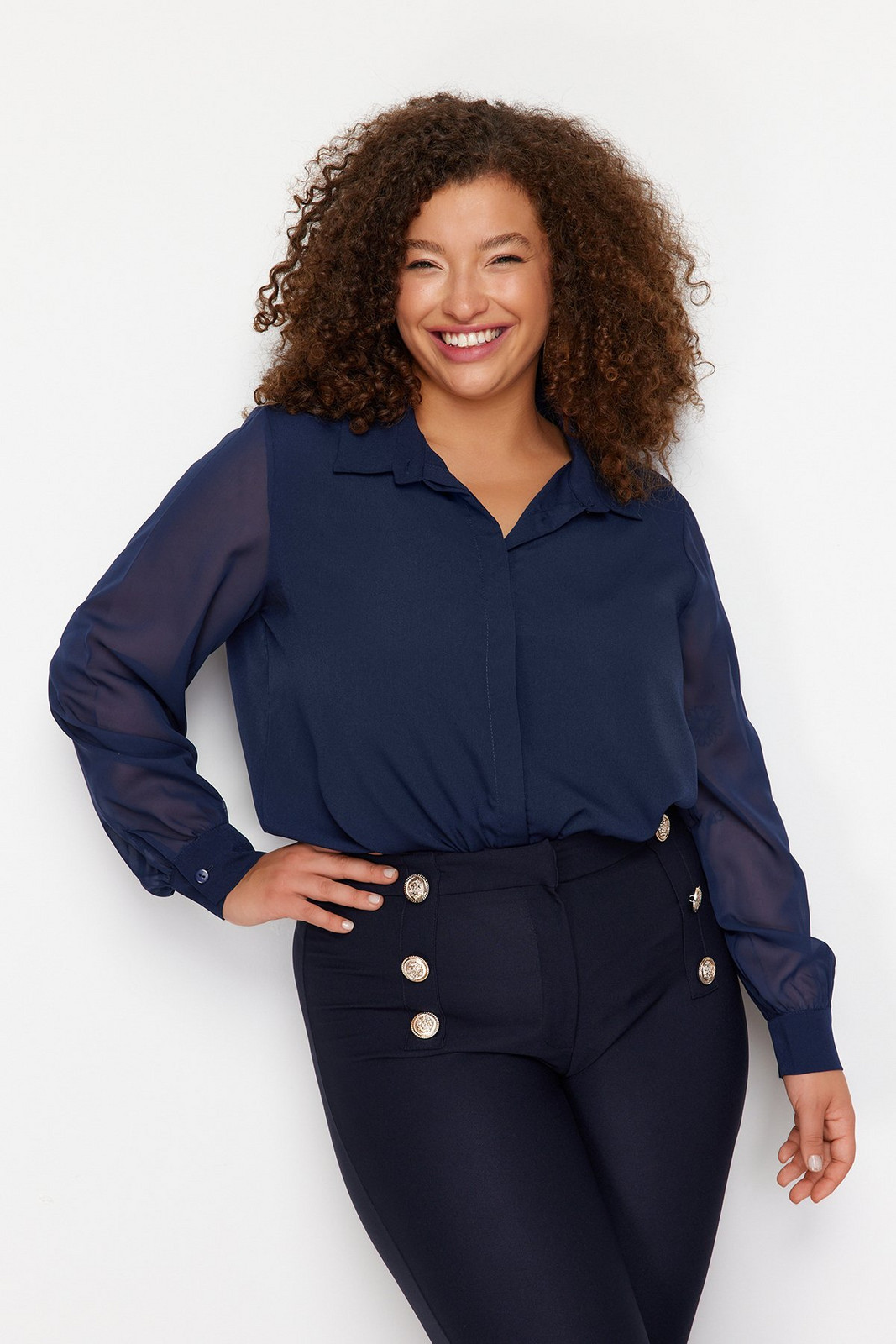 Trendyol Curve Navy Blue Long Sleeve Buttoned Chiffon Woven Shirt
