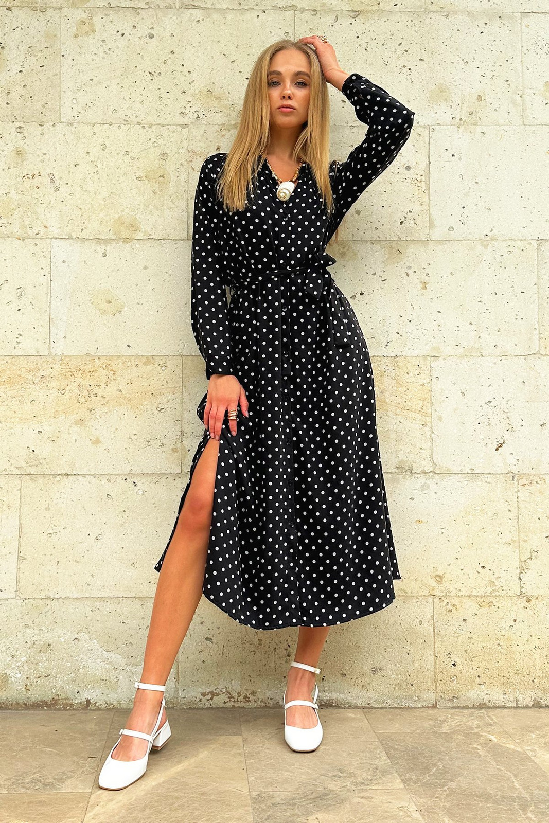 Trend Alaçatı Stili Women's Black Polka Dot Patterned Woven Viscose Shirt Dress