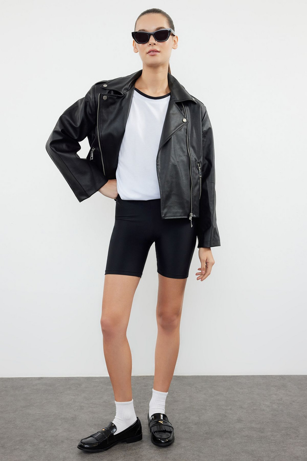 Trendyol Black Regular Faux Leather Biker Jacket Coat