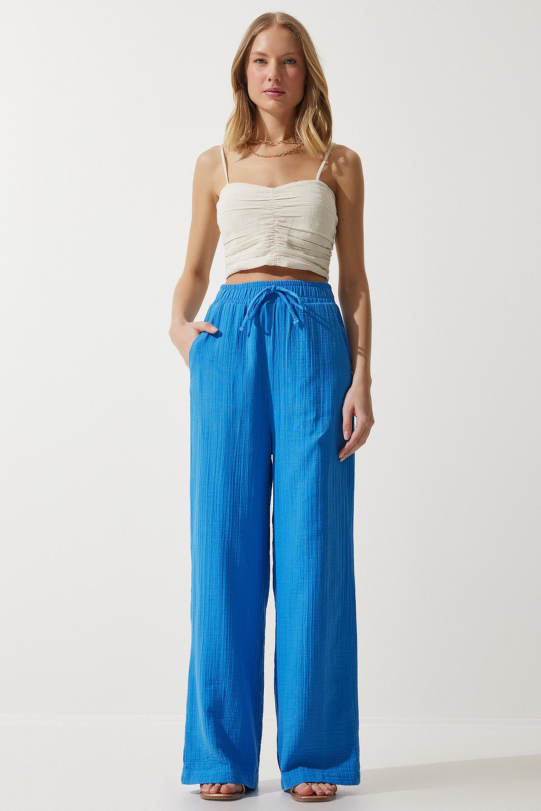 Happiness İstanbul Women's Blue Muslin Palazzo Pants