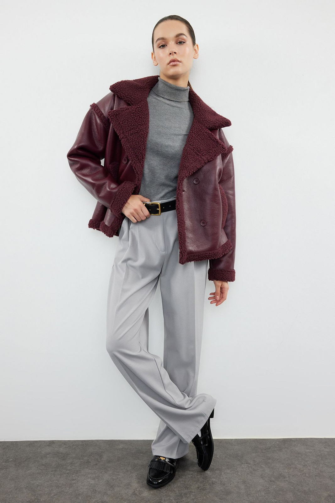 Trendyol Burgundy Plush Detailed Faux Leather Biker Jacket Coat