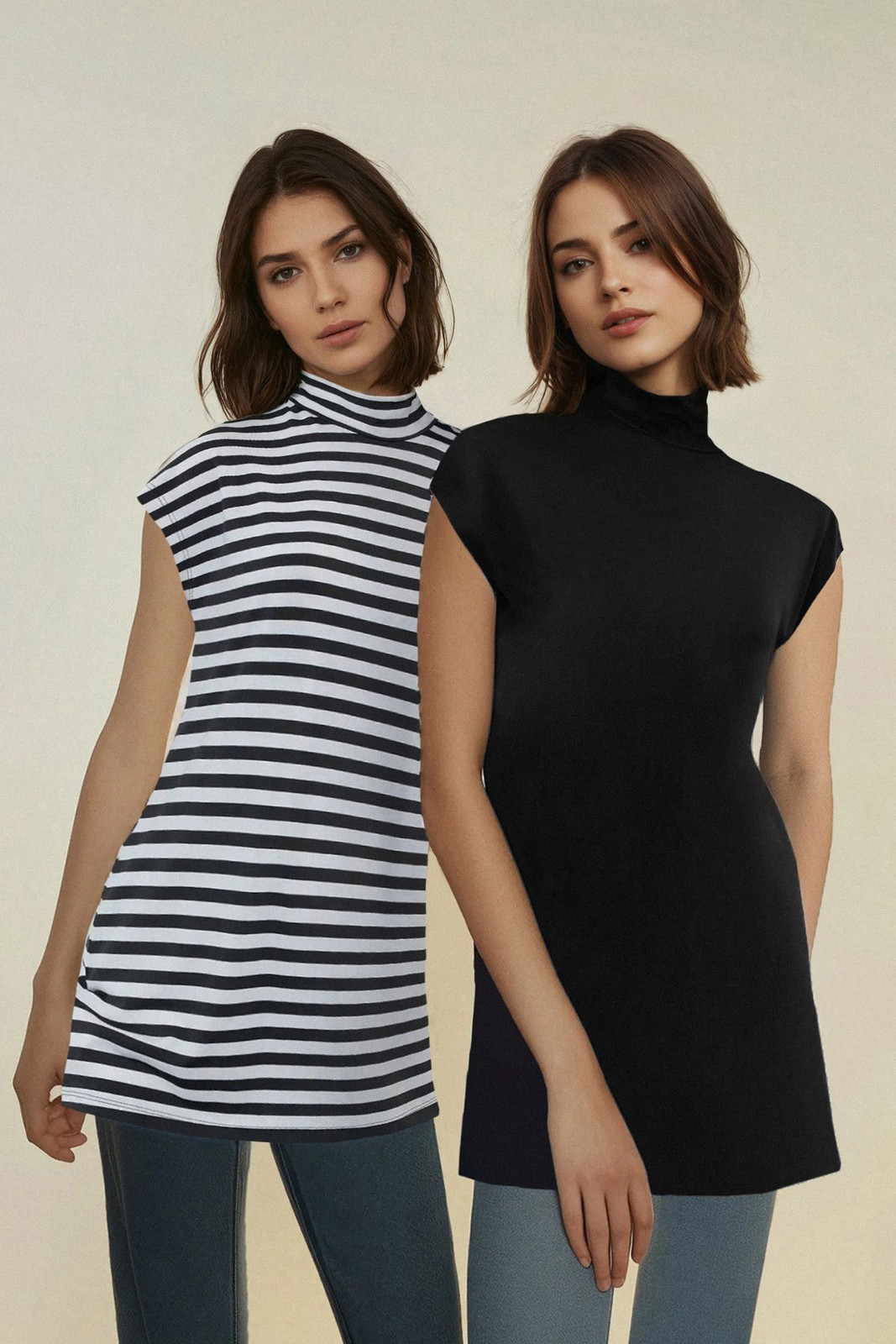 Trendyol 2-Pack Black and White High Neck Sleeveless Underwear Lining Tunic