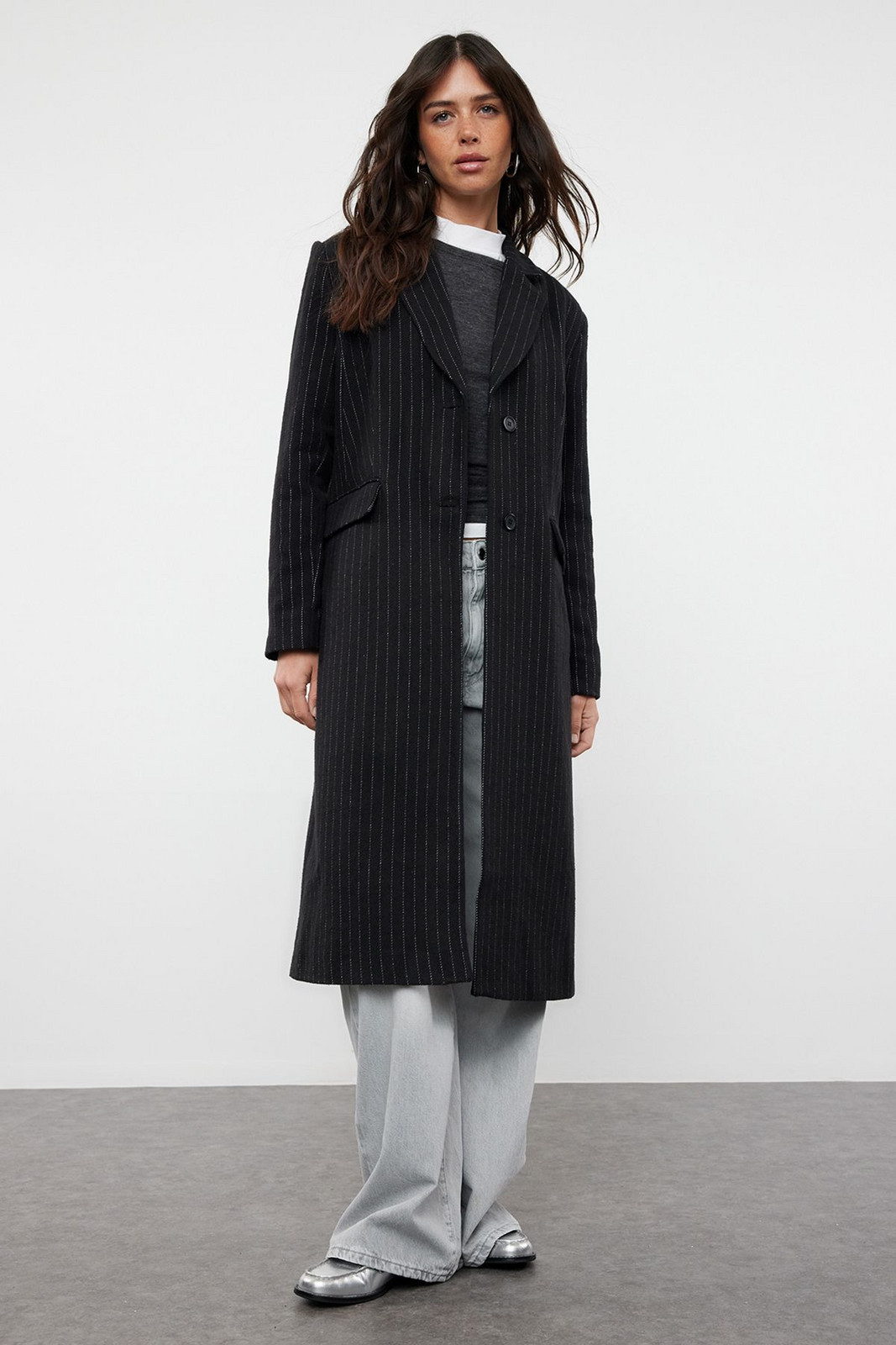 Trendyol Black Striped Regular Coat