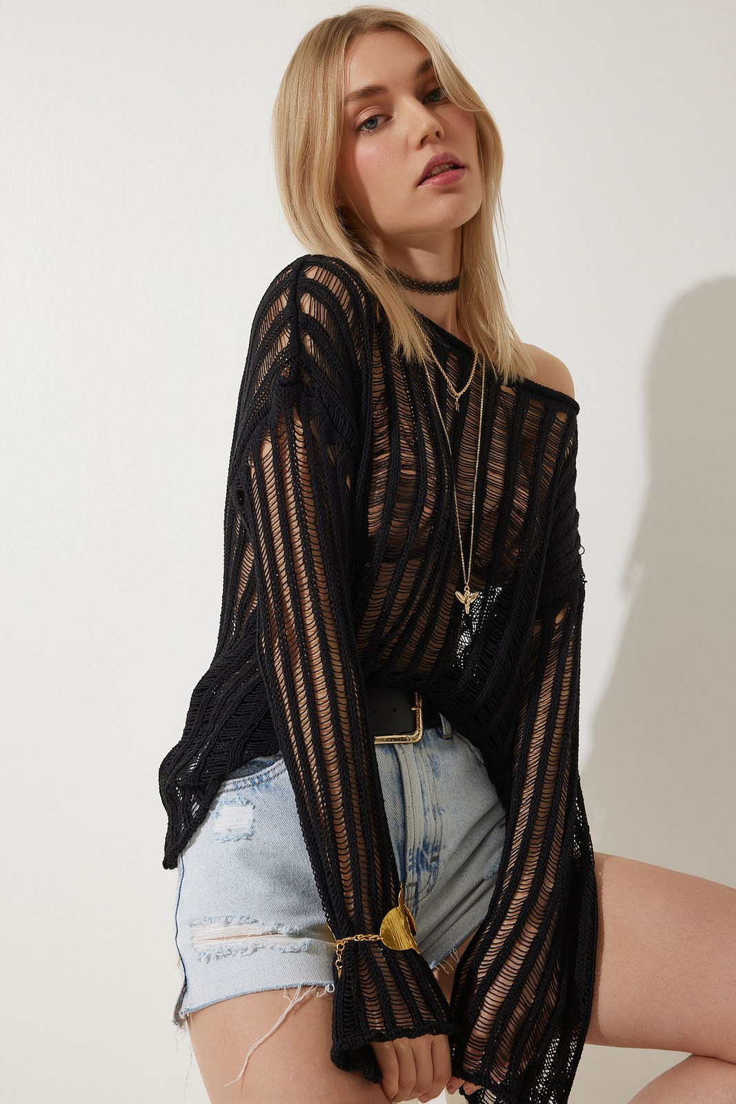 Happiness İstanbul Women's Black Low Shoulder Summer Openwork Knitwear Blouse