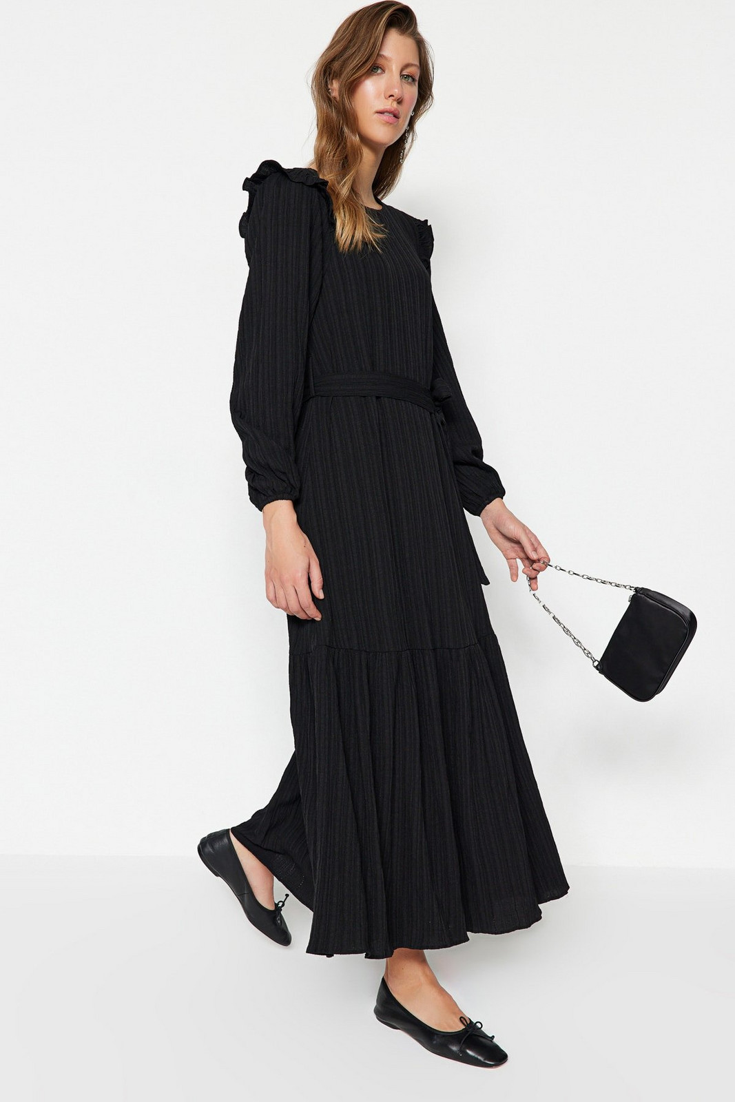 Trendyol Black Belted Ruffled Shoulder Skirt Flounced Lined Viscose Blend Woven Dress