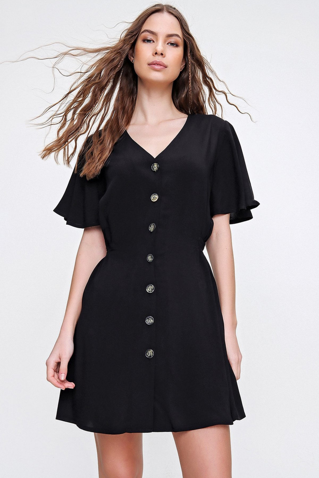 Trend Alaçatı Stili Women's Black V-Neck Woven Dress with Smocked Waist