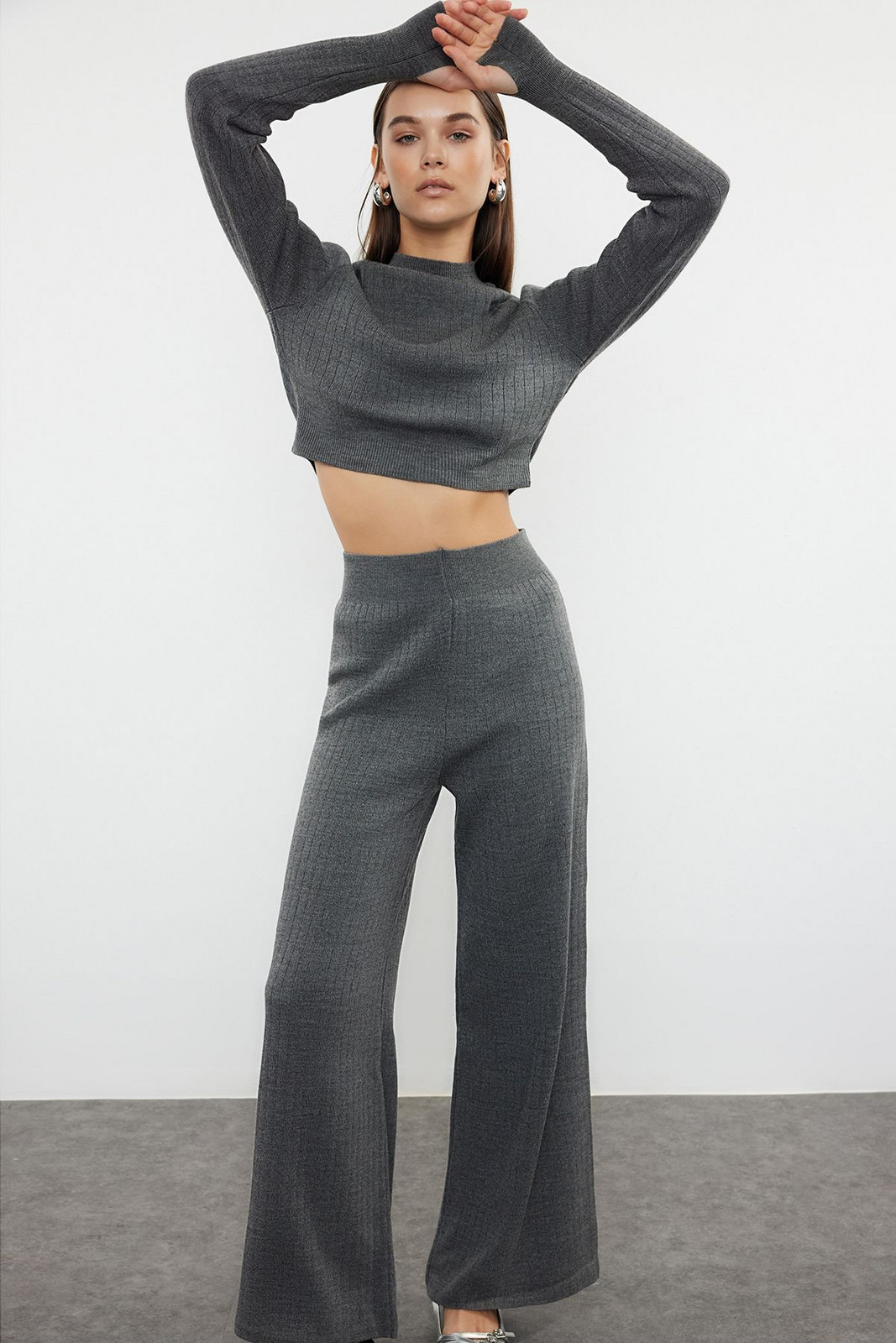 Trendyol Anthracite Crop Finger Detailed Knitwear Bottom-Top Set