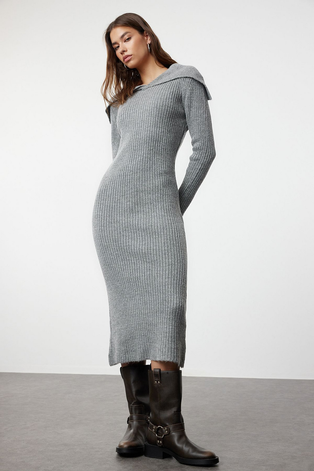 Trendyol Anthracite Maxi Knitwear Turn-down Collar Dress